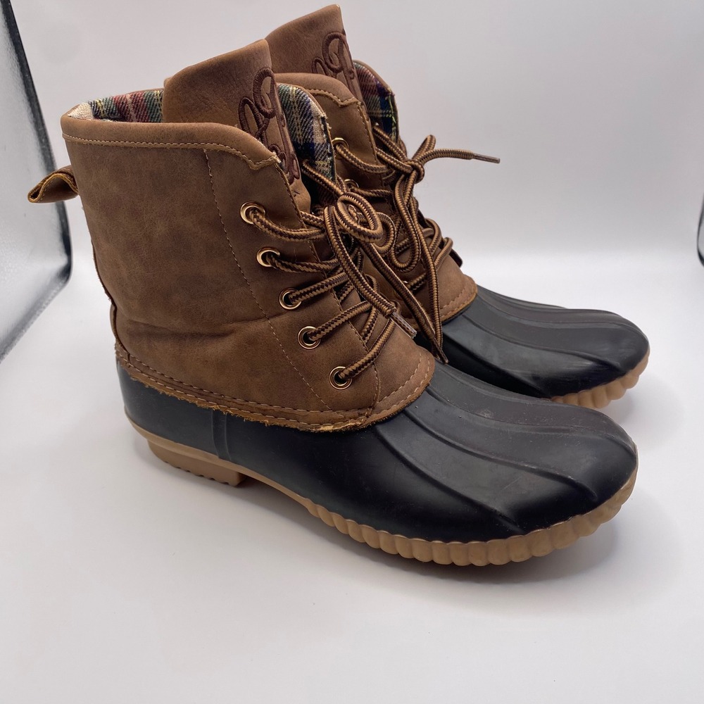 Marley Lilly Womens Duck Boots Brown Black Plaid Lined Monogram Size‎ 6